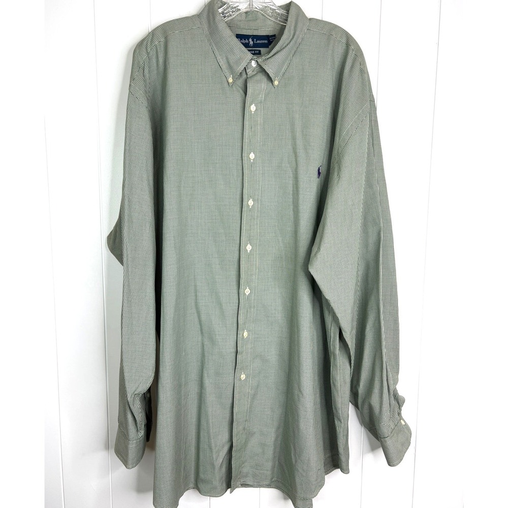 Ralph Lauren Green Houndstooth Plaid Long Sleeve 100% Cotton Button Down SZ 2XLT
